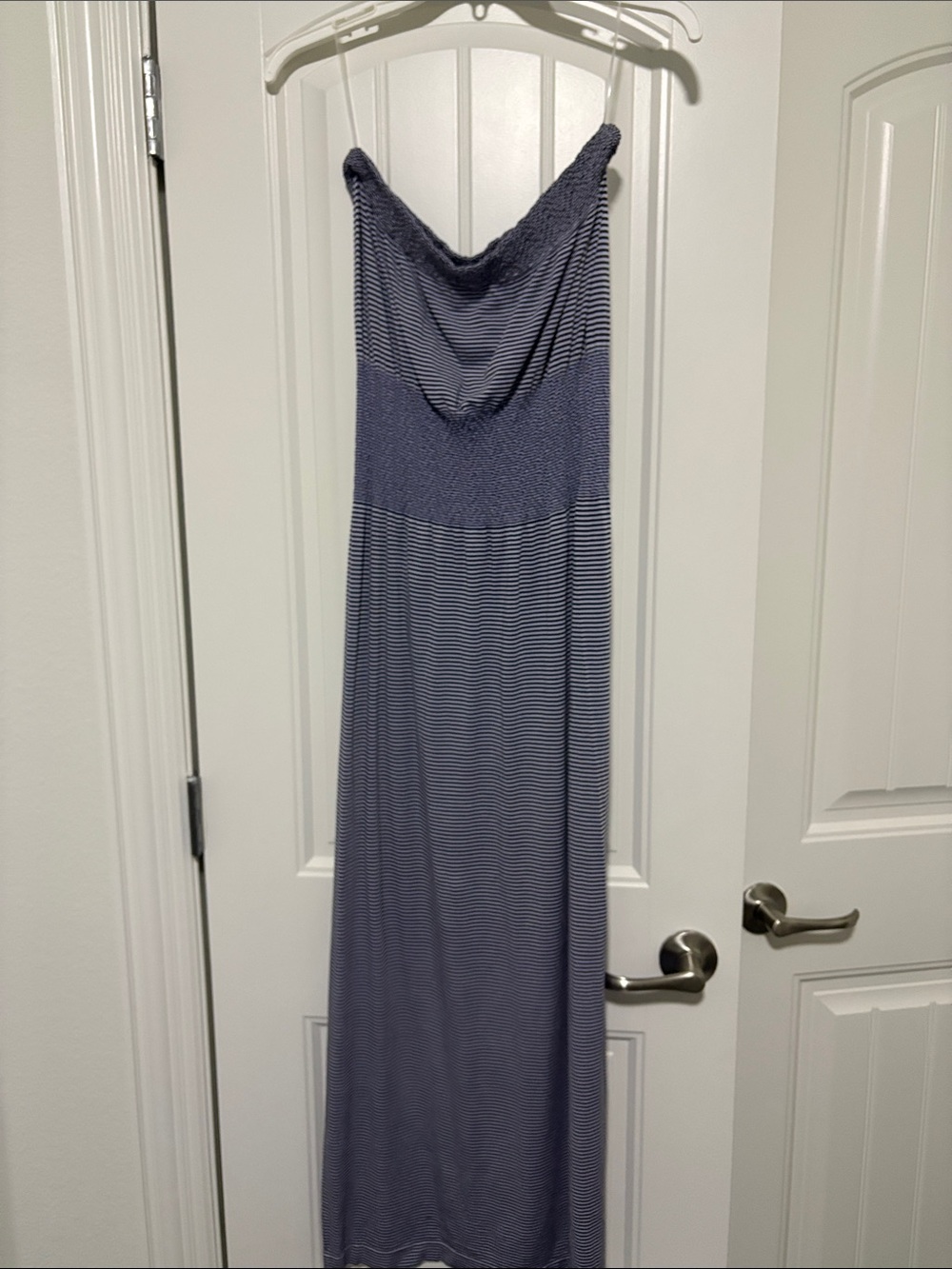 Smocked Strapless Maxi Dress in Navy Stripe
